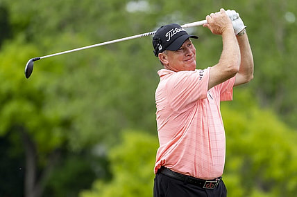 May 26, 2022; Benton Harbor, Michigan, USA; Woody Austin hits his tee shot on the eighth hole during the first round of the 2022 KitchenAid Senior PGA Championship at Harbor Shores. Mandatory Credit: Raj Mehta-USA TODAY Sports