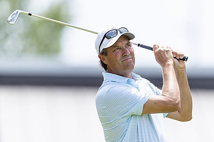 May 29, 2022; Benton Harbor, Michigan, USA; Stephen Ames tees off on the second hole during the final round of the 2022 KitchenAid Senior PGA Championship at Harbor Shores. Mandatory Credit: Raj Mehta-USA TODAY Sports