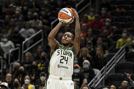 May 29, 2022; Seattle, Washington, USA; Seattle Storm guard Jewell Loyd (24) shoots the ball against the New York Liberty during the first half at Climate Pledge Arena. Mandatory Credit: Stephen Brashear-USA TODAY Sports