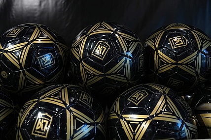 Nov 1, 2022; Los Angeles, California, USA; Los Angeles FC logo soccer balls at the LAFC HQ store at Banc of California Stadium. Mandatory Credit: Kirby Lee-USA TODAY Sports
