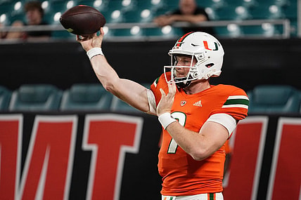 Nov 26, 2022; Miami Gardens, Florida, USA; Miami Hurricanes quarterback Tyler Van Dyke (9) warms up prior to the game against the Pittsburgh Panthers at Hard Rock Stadium. Mandatory Credit: Jasen Vinlove-USA TODAY Sports