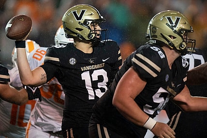 Vanderbilt quarterback AJ Swann (13) throws a pass against Tennessee during the third quarter at FirstBank Stadium Saturday, Nov. 26, 2022, in Nashville, Tenn.

Ncaa Football Tennessee Volunteers At Vanderbilt Commodores