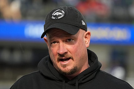 Dec 25, 2022; Inglewood, California, USA; Denver Broncos head coach Nathaniel Hackett reacts in the first half against the Los Angeles Rams at SoFi Stadium. Mandatory Credit: Kirby Lee-USA TODAY Sports