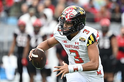 Dec 30, 2022; Charlotte, NC, USA; Maryland Terrapins quarterback Taulia Tagovailoa (3) looks to pass in the second quarter in the 2022 Duke's Mayo Bowl at Bank of America Stadium. Mandatory Credit: Bob Donnan-USA TODAY Sports
