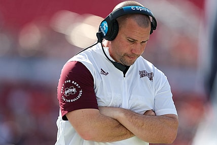 Jan 2, 2023; Tampa, FL, USA; Mississippi State Bulldogs head coach Zach Arnett looks on from the sidelines during the 2023 ReliaQuest Bowl against the Illinois Fighting Illini in the first quarter at Raymond James Stadium. Mandatory Credit: Nathan Ray Seebeck-USA TODAY Sports