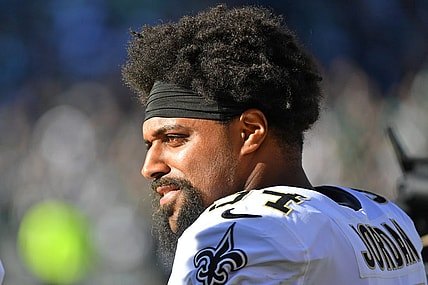 Jan 1, 2023; Philadelphia, Pennsylvania, USA; New Orleans Saints defensive end Cam Jordan (94) stands on the sidelines against the Philadelphia Eagles at Lincoln Financial Field. Mandatory Credit: Eric Hartline-USA TODAY Sports