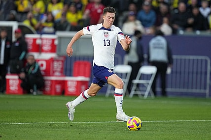 Jan 28, 2023; Carson, California, USA; USMNT forward Matthew Hoppe (13) pursues the ball against Columbia in the first half at Dignity Health Sports Park. The teams played to a 0-0 tie. Mandatory Credit: Kirby Lee-USA TODAY Sports