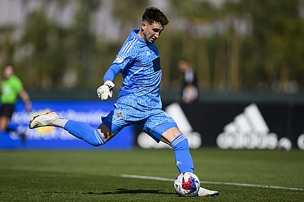 Feb 12, 2023; Indio, CA, USA; Vancouver Whitecaps goalkeeper Thomas Hasal (1) kicks a goal kick against St. Louis City SC at Empire Polo Club. Mandatory Credit: Kelvin Kuo-USA TODAY Sports