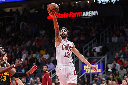 Mar 28, 2023; Atlanta, Georgia, USA; Cleveland Cavaliers guard Ricky Rubio (13) shoots against the Atlanta Hawks in the second quarter at State Farm Arena. Mandatory Credit: Brett Davis-USA TODAY Sports