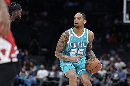 Mar 31, 2023; Charlotte, North Carolina, USA;  Charlotte Hornets forward P.J. Washington (25) looks for the basket in the first quarter against the Chicago Bulls at Spectrum Center. Mandatory Credit: David Yeazell-USA TODAY Sports