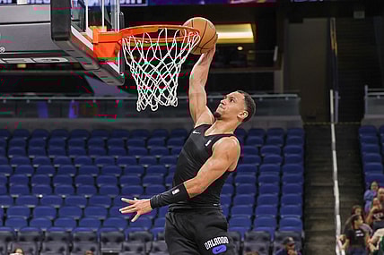 Apr 6, 2023; Orlando, Florida, USA; Orlando Magic forward Paolo Banchero (5) warms up before the game against the Cleveland Cavaliers at Amway Center. Mandatory Credit: Mike Watters-USA TODAY Sports