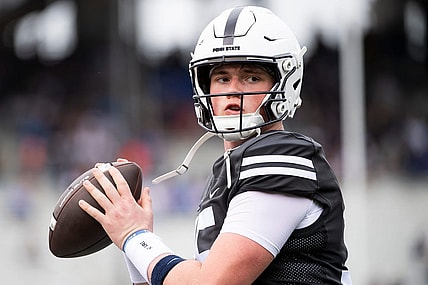 Penn State quarterback Drew Allar warms up on the sideline during the Blue-White game at Beaver Stadium on Saturday, April 15, 2023, in State College.

230415 Hes Dr Bluewhite