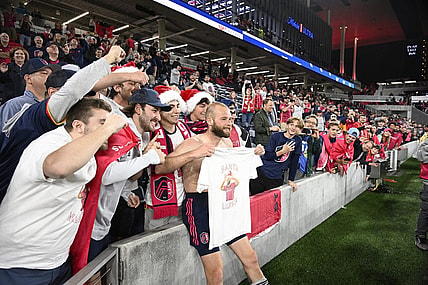 Apr 15, 2023; St. Louis, Missouri, USA; St. Louis City forward Klauss (9) celebrates with fans after a game against FC Cincinnati at CITYPARK. Mandatory Credit: Scott Rovak-USA TODAY Sports