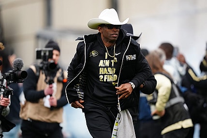 Apr 22, 2023; Boulder, CO, USA; Colorado Buffaloes head coach Deion Sanders hits the field before the start of the spring game at Folsom Filed. Mandatory Credit: Ron Chenoy-USA TODAY Sports