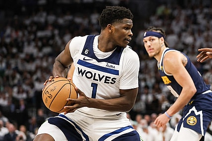 Apr 23, 2023; Minneapolis, Minnesota, USA; Minnesota Timberwolves guard Anthony Edwards (1) controls the ball against the Denver Nuggets during the fourth quarter of game four of the 2023 NBA Playoffs at Target Center. Mandatory Credit: Matt Krohn-USA TODAY Sports