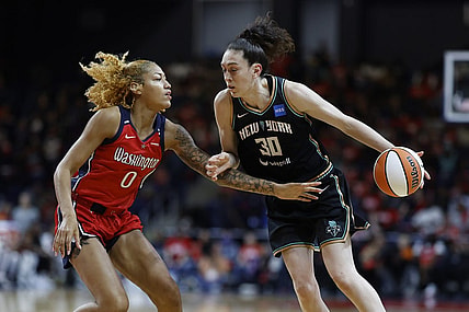 May 19, 2023; Washington, District of Columbia, USA; New York Liberty forward Breanna Stewart (30) drives to the basket as Washington Mystics center Shakira Austin (0) defends at Entertainment & Sports Arena. Mandatory Credit: Geoff Burke-USA TODAY Sports