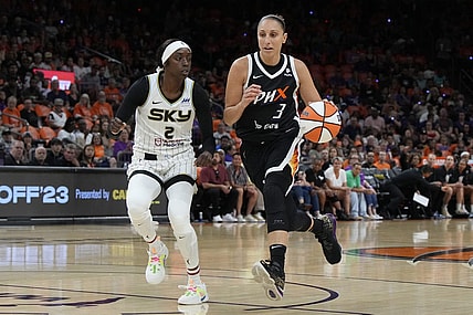 May 21, 2023; Phoenix, Arizona, USA; Phoenix Mercury guard Diana Taurasi (3) moves the ball against Chicago Sky guard Kahleah Copper (2) in the first half at Footprint Center. Mandatory Credit: Rick Scuteri-USA TODAY Sports