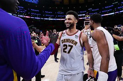 May 22, 2023; Los Angeles, California, USA; Denver Nuggets guard Jamal Murray (27) reacts to beating the Los Angeles Lakers in game four of the Western Conference Finals for the 2023 NBA playoffs at Crypto.com Arena. Mandatory Credit: Kirby Lee-USA TODAY Sports
