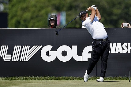 May 25, 2023; Washington, DC, USA; Patrick Reed hits his tee shot on the ninth hole during the Pro-Am tournament as part of the LIV Golf Washington D.C. 2023 event at Trump National Golf Club outside Washington DC. Mandatory Credit: Geoff Burke-USA TODAY Sports