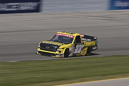 Jun 3, 2023; Madison, Illinois, USA; NASCAR Craftsman Truck Series Grant Enfinger (23) races during the Truck Series Toyota 200 at World Wide Technology Raceway. Mandatory Credit: Joe Puetz-USA TODAY Sports