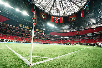 Jun 10, 2023; Atlanta, Georgia, USA;  A general view from the corner before the match between the D.C. United and Atlanta United FC at Mercedes-Benz Stadium. Mandatory Credit: John David Mercer-USA TODAY Sports