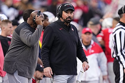 Nov 26, 2022; Columbus, Ohio, USA;  Ohio State Buckeyes head coach Ryan Day watches from the sideline during the second half of the NCAA football game against the Michigan Wolverines at Ohio Stadium. Michigan won 45-23. Mandatory Credit: Adam Cairns-The Columbus Dispatch