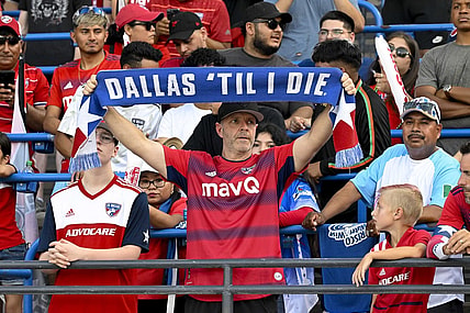 Jul 4, 2023; Frisco, Texas, USA; A view of an FC Dallas fan and his scarf during the game between FC Dallas and the D.C. United at Toyota Stadium. Mandatory Credit: Jerome Miron-USA TODAY Sports