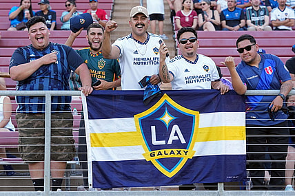 Jul 1, 2023; Stanford, California, USA; Los Angeles Galaxy fans cheer before the game against the San Jose Earthquakes at Stanford Stadium. Mandatory Credit: Darren Yamashita-USA TODAY Sports