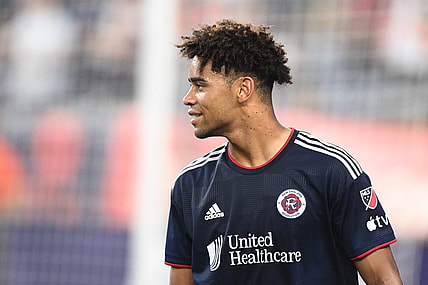 Jul 12, 2023; Foxborough, Massachusetts, USA; New England Revolution midfielder Brandon Bye (15) watches the action during the first half of a match against Atlanta United at Gillette Stadium. Mandatory Credit: Brian Fluharty-USA TODAY Sports