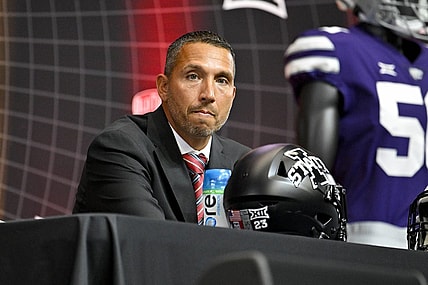 Jul 13, 2023; Arlington, TX, USA; Iowa State Cyclones head coach Matt Campbell is interviewed during the Big 12 football media day at AT&T Stadium. Mandatory Credit: Jerome Miron-USA TODAY Sports