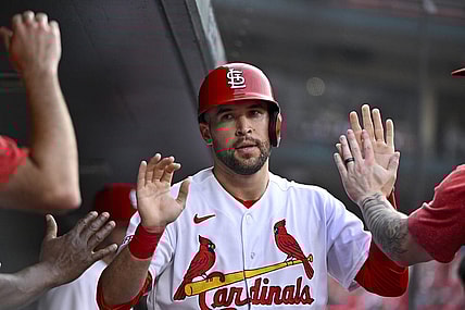 Jul 17, 2023; St. Louis, Missouri, USA;  St. Louis Cardinals center fielder Dylan Carlson (3) is congaratulated by teammates after scoring against the Miami Marlins during the third inning at Busch Stadium. Mandatory Credit: Jeff Curry-USA TODAY Sports