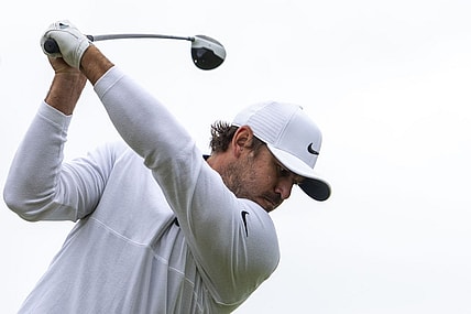 July 18, 2023; Hoylake, ENGLAND, GBR; Brooks Koepka hits his tee shot on the fifth hole during a practice round of The Open Championship golf tournament at Royal Liverpool. Mandatory Credit: Kyle Terada-USA TODAY Sports
