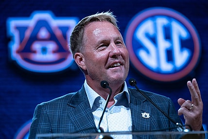 Auburn Head Coach Hugh Freeze speaks at the 2023 SEC Football Kickoff Media Days at the Nashville Grand Hyatt on Broadway, Tuesday, July 18, 2023.