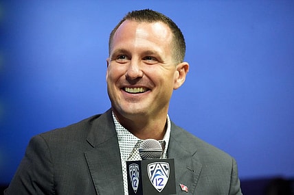 Jul 21, 2023; Las Vegas, NV, USA; Washington State Cougars coach Jake Dickert speaks during Pac-12 Media Day at Resorts World Las Vegas. tMandatory Credit: Kirby Lee-USA TODAY Sports