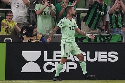 Jul 21, 2023; Austin, TX, USA; Austin FC forward Diego Fagundez (14) celebrates after scoring a goal during the second half against the Mazatlan FC at Q2 Stadium. Mandatory Credit: Scott Wachter-USA TODAY Sports