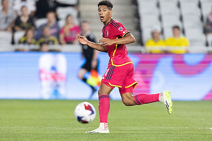 Jul 23, 2023; Columbus, OH, USA; St. Louis City forward Nicholas Gioacchini (11) kicks the ball  in the second half against the Columbus Crew at Lower.com Field. Mandatory Credit: Trevor Ruszkowski-USA TODAY Sports