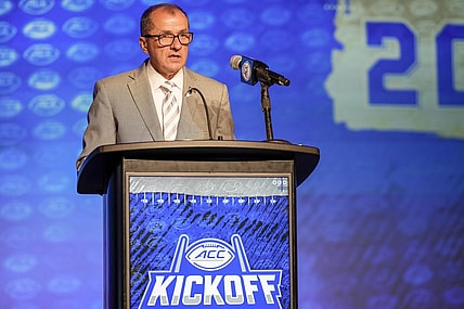 Jul 25, 2023; Charlotte, NC, USA;  ACC commissioner James Phillips speaks to the media during ACC Media Days at The Westin Charlotte. Mandatory Credit: Jim Dedmon-USA TODAY Sports