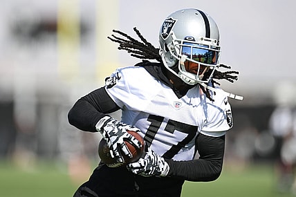 Jul 26, 2023; Las Vegas, Nevada, USA; Las Vegas Raiders wide receiver Davante Adams (17) runs a drill during training camp at the Intermountain Health Performance Center. Mandatory Credit: Candice Ward-USA TODAY Sports