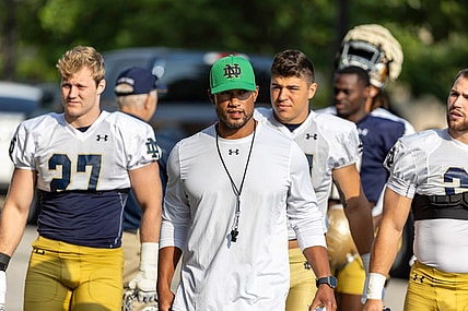 Notre Dame head coach Marcus Freeman prior to Notre Dame Fall Camp on Wednesday, July 26, 2023, at Irish Athletics Center in South Bend, Indiana.