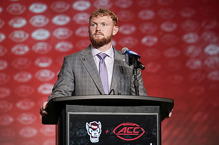 Jul 27, 2023; Charlotte, NC, USA; N.C.State quarterback Brennan Armstrong answers questions from the media during the ACC 2023 Kickoff at The Westin Charlotte. Mandatory Credit: Jim Dedmon-USA TODAY Sports