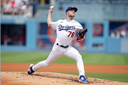 Jul 30, 2023; Los Angeles, California, USA; Los Angeles Dodgers starting pitcher Michael Grove (78) throws in the third inning against the Cincinnati Reds at Dodger Stadium. Mandatory Credit: Kirby Lee-USA TODAY Sports