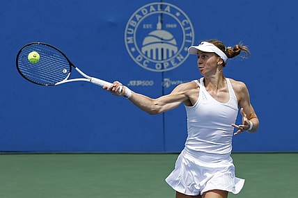 Jul 31, 2023; Washington, D.C., USA; Liudmila Samsonova  hits a forehand against Danielle Collins (USA) (not pictured) on day three of the Mubadala Citi DC Open at Fitzgerald Tennis Stadium. Mandatory Credit: Geoff Burke-USA TODAY Sports