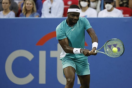 Aug 1, 2023; Washington, D.C., USA; Frances Tiafoe (USA) hits a backhand against Aslan Karatsev (not pictured) on day four of the Mubadala Citi DC Open at Fitzgerald Tennis Stadium. Mandatory Credit: Geoff Burke-USA TODAY Sports