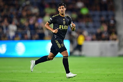 August 2, 2023; Los Angeles, CA, USA; Los Angeles FC forward Carlos Vela (10) in action against FC Juarez during the first half at BMO Stadium. Mandatory Credit: Gary A. Vasquez-USA TODAY Sports