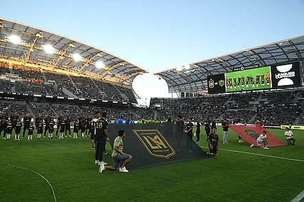Aug 2, 2023; Los Angeles, CA, USA; LAFC and FC Juarez players are introduced during the game at BMO Stadium. Mandatory Credit: Kirby Lee-USA TODAY Sports