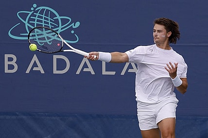 Aug 3, 2023; Washington, D.C., USA; J.J. Wolf (USA) hits a forehand against Michael Mmoh (USA) (not pictured) on day six of the Mubadala Citi DC Open at Fitzgerald Tennis Stadium. Mandatory Credit: Geoff Burke-USA TODAY Sports