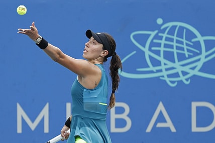 Aug 4, 2023; Washington, D.C., USA; Jessica Pegula (USA) serves against Elina Svitolina (UKR) (not pictured) on day seven of the Mubadala Citi DC Open at Fitzgerald Tennis Stadium. Mandatory Credit: Geoff Burke-USA TODAY Sports