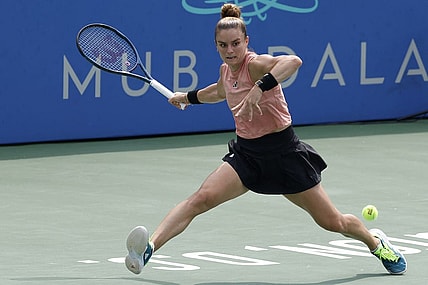 Aug 5, 2023; Washington, D.C., USA; Maria Sakkari (GRE) reaches for a forehand against Jessica Pegula (USA) (not pictured) in a women's singles semifinal on day eight of the Mubadala Citi DC Open at Fitzgerald Tennis Stadium. Mandatory Credit: Geoff Burke-USA TODAY Sports