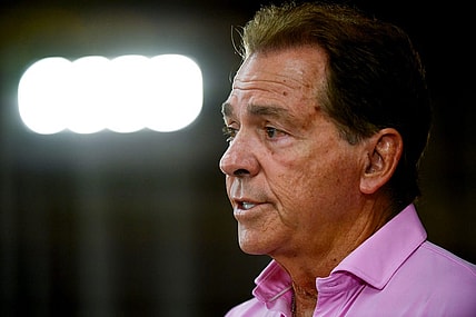 Alabama head football coach Nick Saban speaks to members of the media Sunday, August 6, 2023.