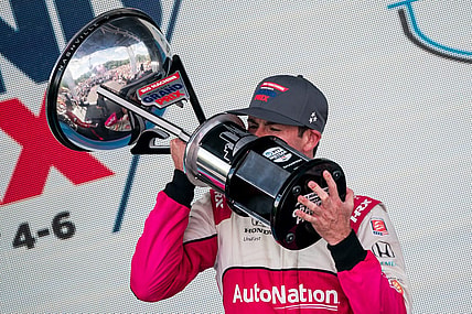 NTT IndyCar Series driver Kyle Kirkwood celebrates winning the Music City Grand Prix in Nashville, Tenn., Sunday, Aug. 6, 2023.